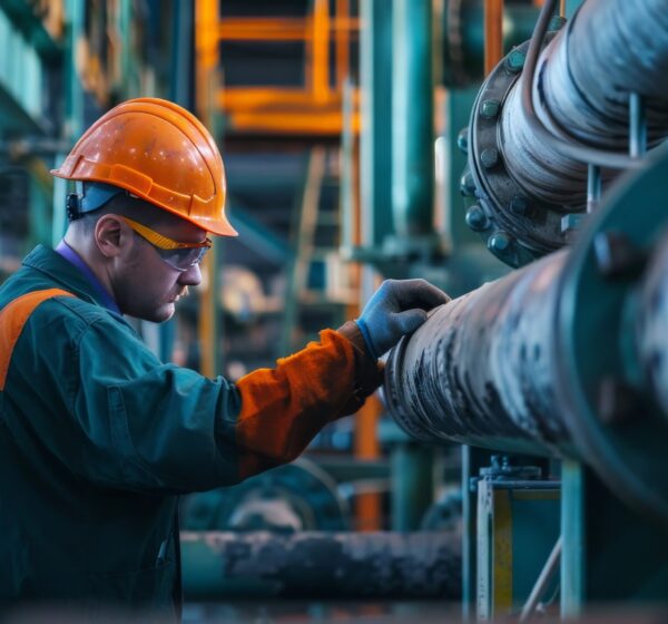 A factory worker inspecting a leak in a steel pipeline system, highlighting the importance of regular maintenance