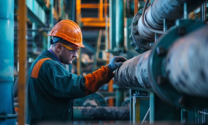 A factory worker inspecting a leak in a steel pipeline system, highlighting the importance of regular maintenance A factory worker inspecting a leak in a steel pipeline system, highlighting the importance of regular maintenance