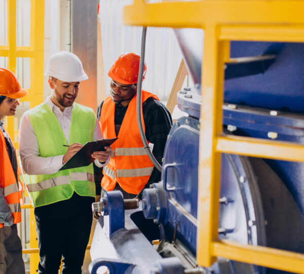 Three people discussing a plan at a factory