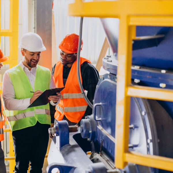 Three people discussing a plan at a factory